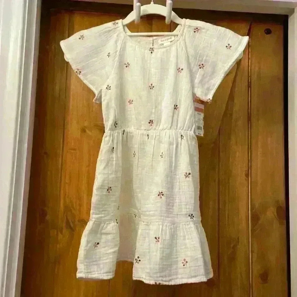 Cat and Jack Girls Off White Short Sleeve Knee Length Dress Size XS (4/5) NWT